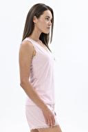 Shefame Kadın Puantiye Desenli V Yaka Dantel Detaylı Kolsuz Şort Takımı 251K04MB