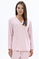 Shefame Kadın Puantiye Desenli Gömlek Yaka Düğmeli Uzun Kollu Pijama Takımı 251K06MB