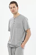 Finesuits Gri Çizgili Patlı Yaka Kısa Kollu Pijama Takımı 251E13SV