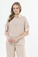 Shefame Kadın Natural Çizgi Desenli Gömlek Yaka Pijama Takımı 251K04SV