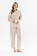 Shefame Kadın Natural Çizgi Desenli Gömlek Yaka Pijama Takımı 251K04SV