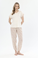 Shefame Kadın Leopar Desenli V Yaka Kısa Kollu Pijama Takımı 251K06SV