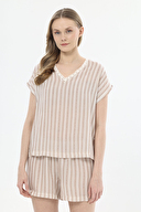 Shefame Kadın Natural Çizgi Desenli V Yaka Kısa Kollu Şort Takımı 251K07SV