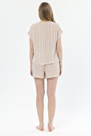 Shefame Kadın Natural Çizgi Desenli V Yaka Kısa Kollu Şort Takımı 251K07SV