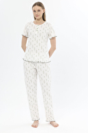 Shefame Kadın Ekru Floral Desenli Patlı Bisiklet Yaka Kısa Kollu Pijama Takımı 251K38SV