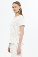 Shefame Kadın Ekru Floral Desenli Patlı Bisiklet Yaka Kısa Kollu Pijama Takımı 251K38SV