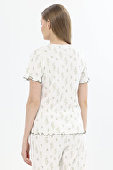 Shefame Kadın Ekru Floral Desenli Patlı Bisiklet Yaka Kısa Kollu Pijama Takımı 251K38SV