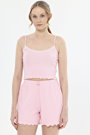 Shefame Kadın Minik Kalp Desenli Oval Yaka İnce Askılı Lyocell Şort Takımı 251K50SV