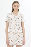 Shefame Kadın Çiçek Desenli V Yaka Düğmeli Kısa Kollu Lyocell Şort Takımı 251K57SV