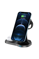 S-link SW-CWF59 Telefon Kulaklık Akıllı Saat 3 'in 1 Magsafe Siyah Kablosuz Şarj Cihazı