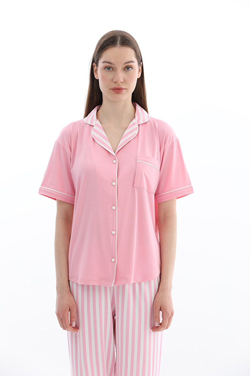 Shefame Kadın Çizgili Önden Düğmeli Kısa Kollu Pijama Takımı 261K7093PI