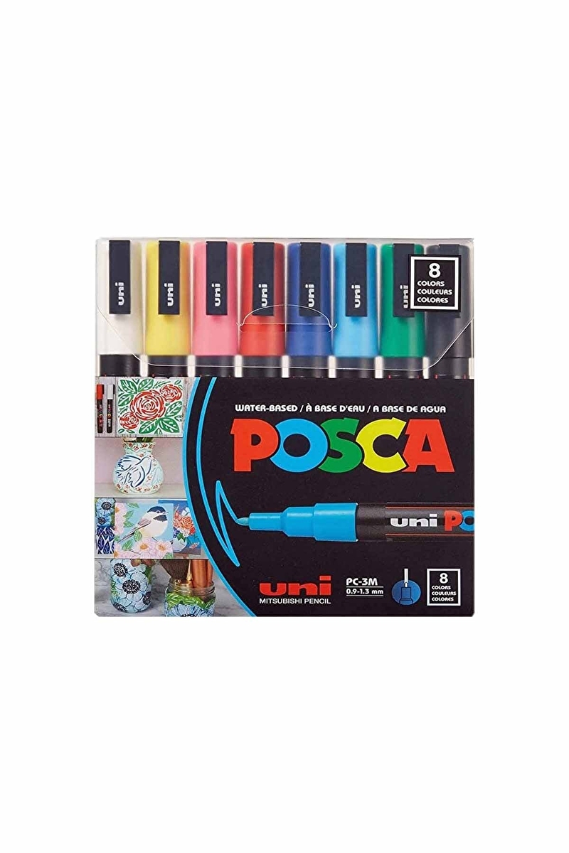 Uni-Ball Posca 3M 0.9-1.3mm Su Bazlı Poster Markörü Anarenkler 8 Renk