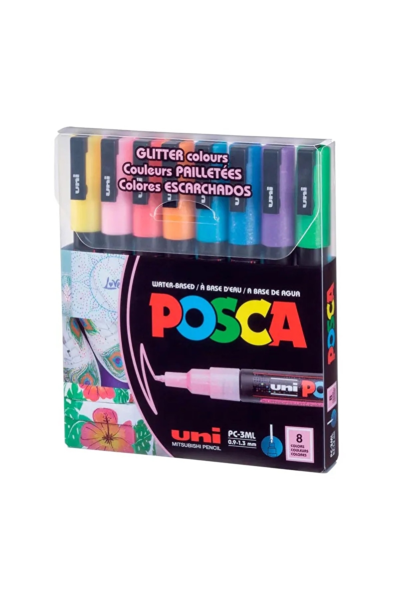 Uni-Ball Posca 3M 0.9-1.3mm Su Bazlı Poster Markörü Simli 8 Renk