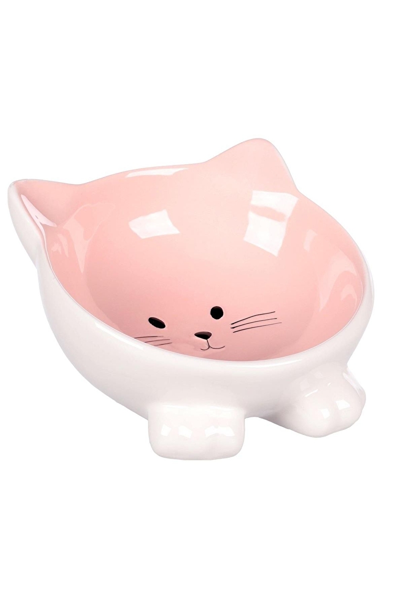 FL PUZI KEDİ KULAKLI DESENLİ SERAMİK MAMA VE SU KABI / 125ML / PEMBE