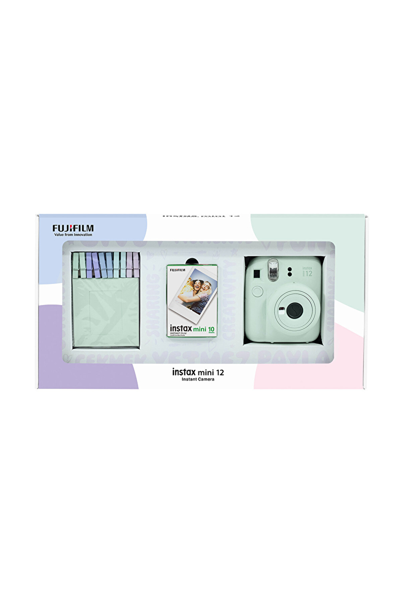 Instax mini 12 Yeşil Fotoğraf Makinesi 10'lu Film ve PVC Albüm Bundle Box
