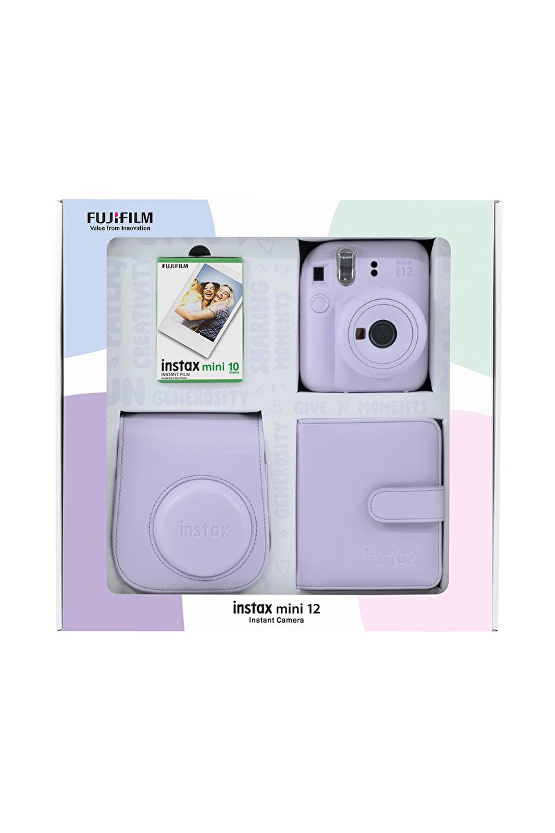 Instax mini 12 Lila Fotoğraf Makinesi 10'lu Film Kare Albüm ve Deri Kılıf Bundle Box