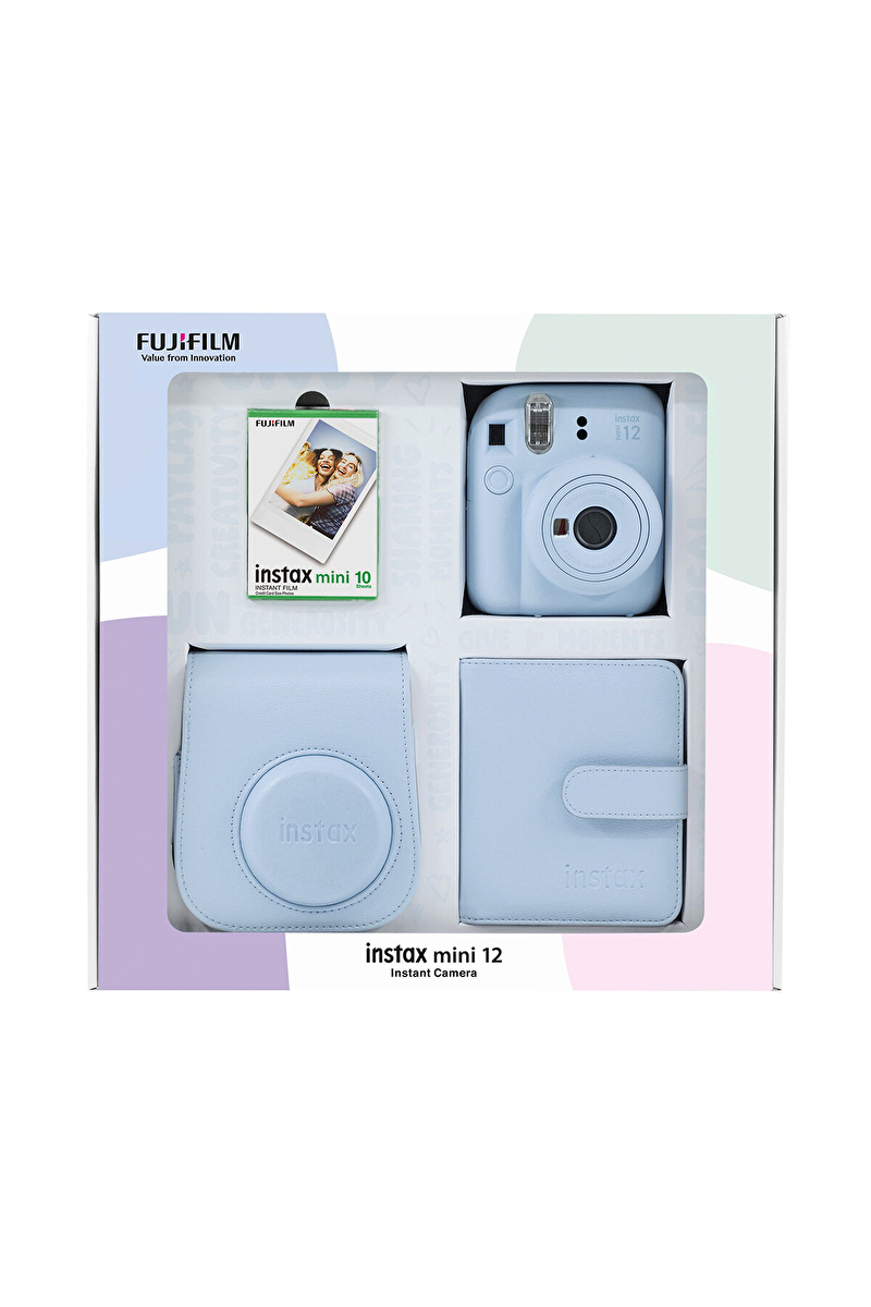 Instax mini 12 Mavi Fotoğraf Makinesi 10'lu Film Kare Albüm ve Deri Kılıf Bundle Box