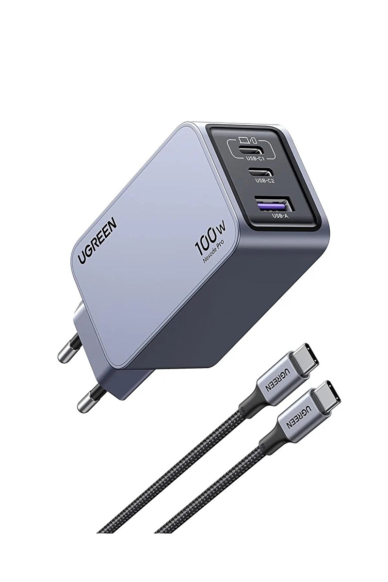 UGREEN Nexode Pro 100W GaN Hızlı Şarj Cihazı Type-C QC PD 2xUSB-C 1xUSB-A 1.5M 100W Kablo Dahil Uzay Grisi 25874