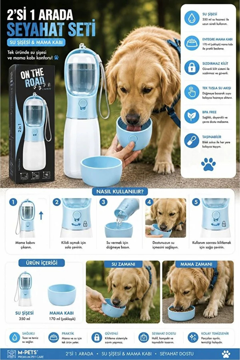 M-PETS On The Road 3-in-1 Köpek Seyahat Suluğu Mavi 300ML
