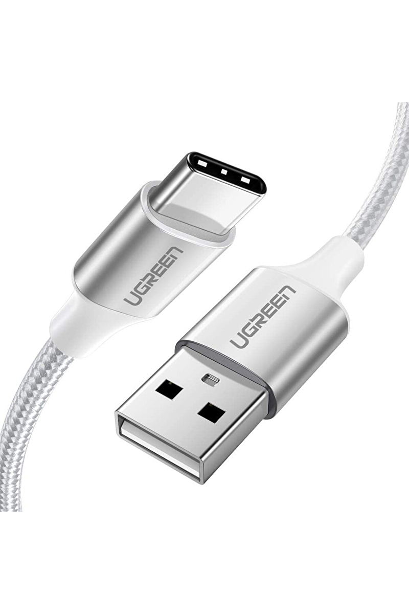 UGREEN USB-C to USB-A 3A QC Örgülü Hızlı Şarj Kablosu 2 Metre Gümüş Beyazı 60133