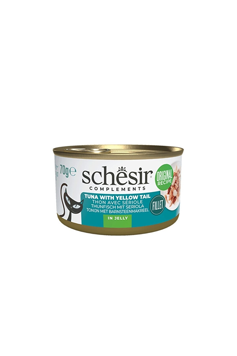 Schesir Tamamlayıcı Ton ve Sarı Kuyruk Balıklı Jöle İçinde Kedi Konservesi 70 g