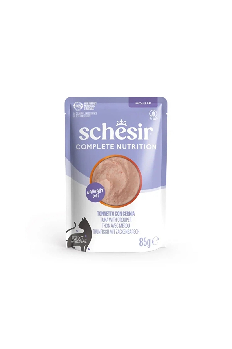 Schesir Tam ve Dengeli Ton Balıklı ve Orfoz Balıklı Mus Kedi Pouch 85 g
