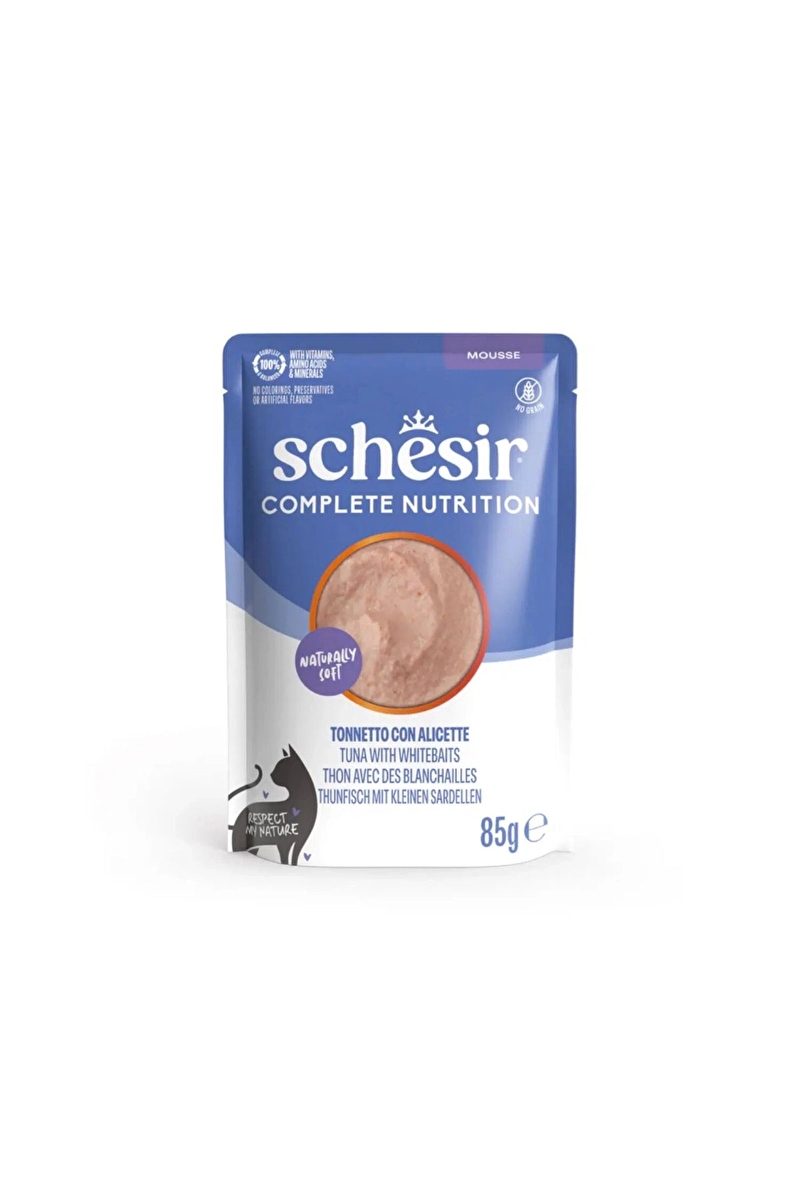 Schesir Tam ve Dengeli Ton Balıklı ve Hamsili Mus Kedi Pouch 85 g