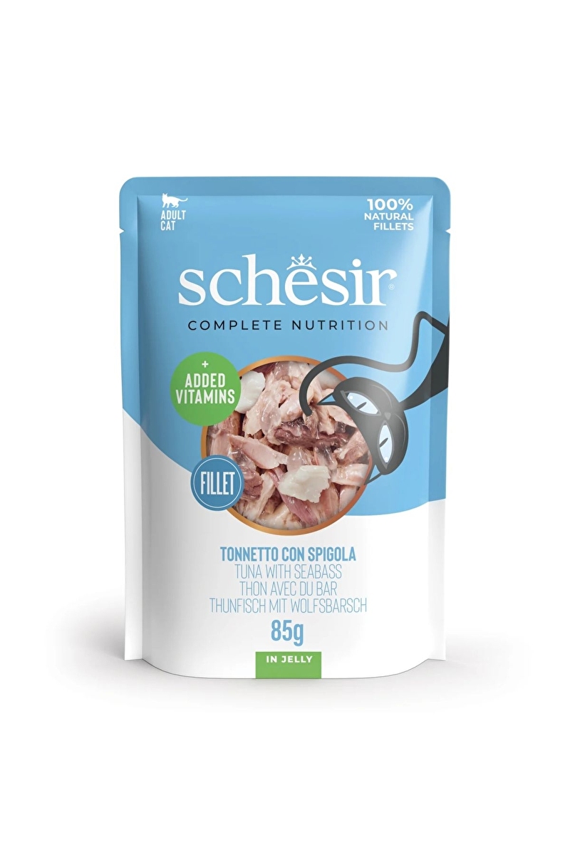 Schesir Jelly Ton Balıklı ve Levrekli Jöle İçinde Yetişkin Kedi Pouch 85 g