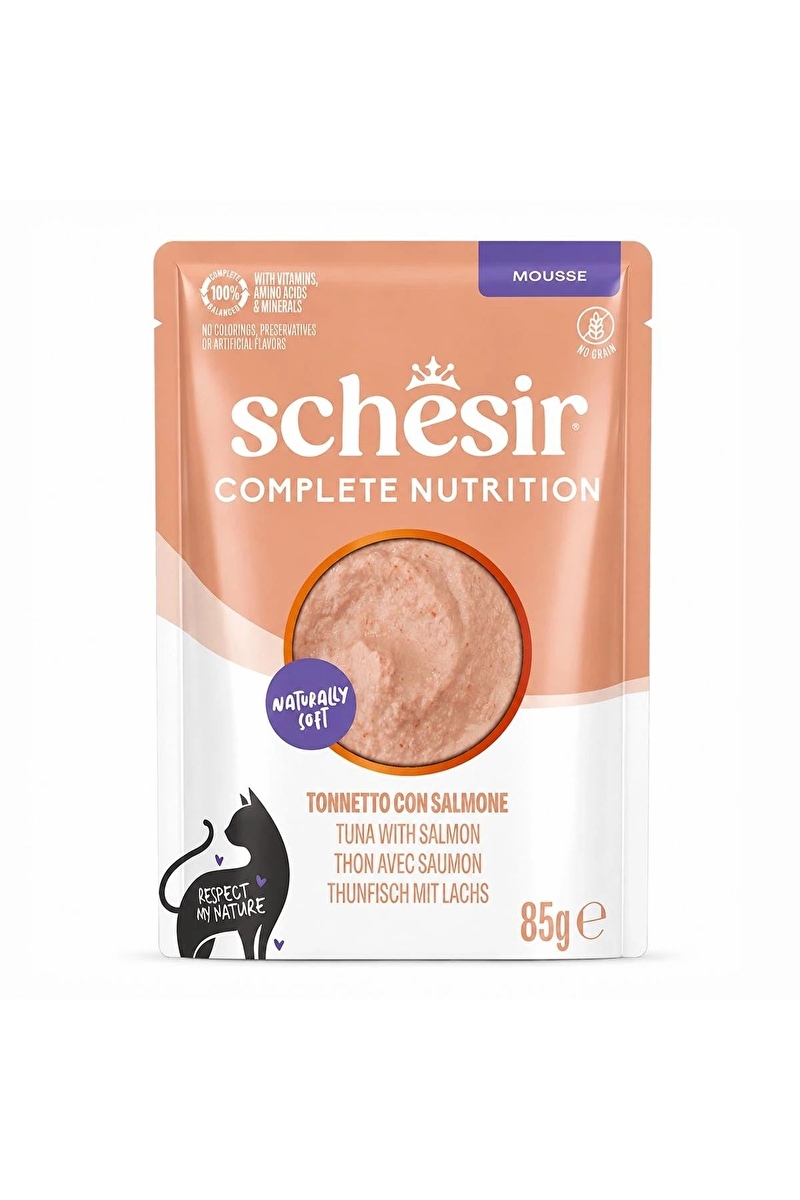 Schesir Tam ve Dengeli Ton Balıklı ve Somonlu Mus Kedi Pouch 85 g