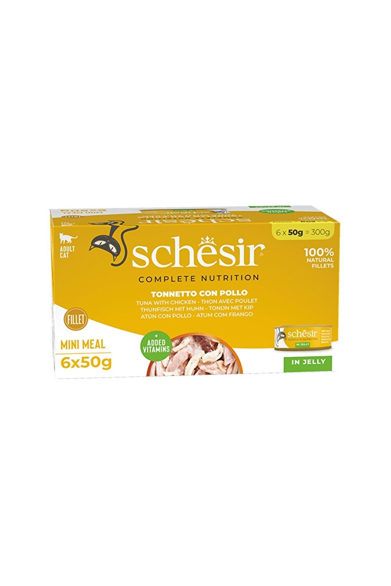 Schesir Tam ve Dengeli Ton Balığı ile Tavuklu Jöle İçinde Kedi Konservesi Multipack 6x50 g