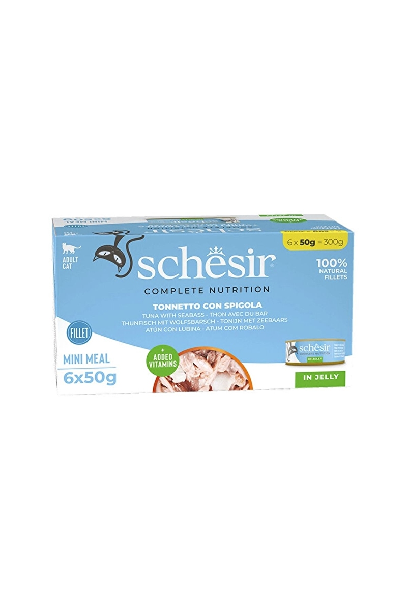 Schesir Tam ve Dengeli Ton Balığı ile Levrekli Jöle İçinde Kedi Konservesi Multipack 6x50 g