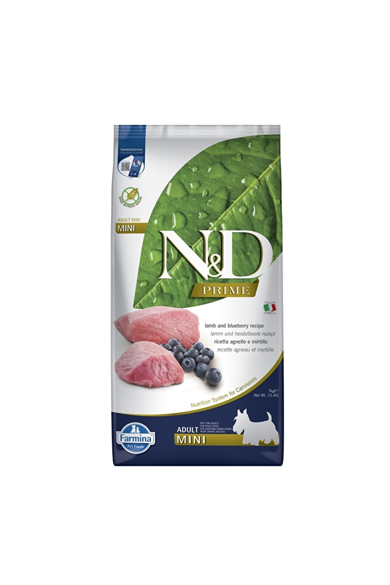 N&D Prime Kuzu Etli ve Yaban Mersinli Küçük Irk Tahılsız Yetişkin Köpek Maması 7kg