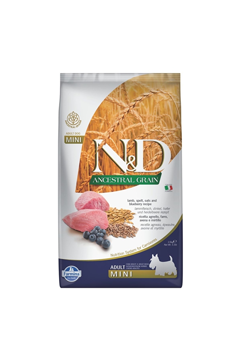 N&D Ancestral Grain Kuzu Etli ve Yaban Mersinli Küçük Irk Ata Tahıllı Yetişkin Köpek Maması 2,5kg