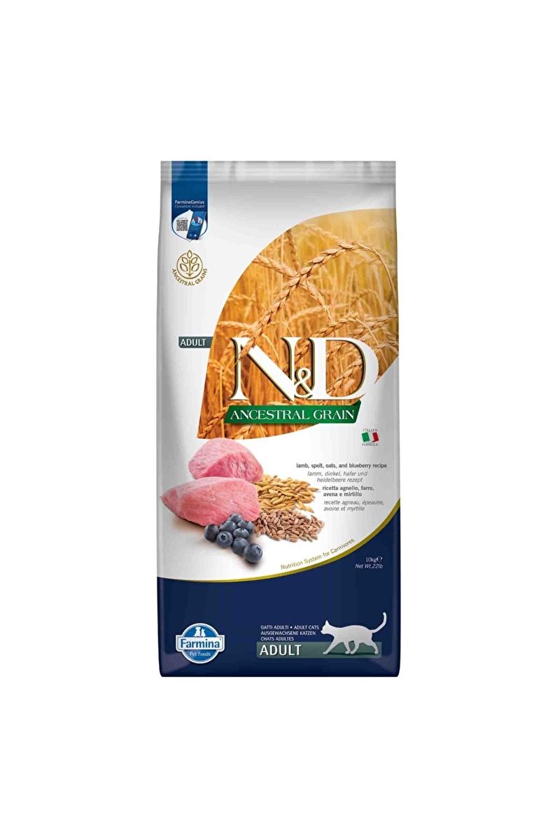 N&D Ancestral Grain Kuzu Etli ve Yaban Mersinli Ata Tahıllı Yetişkin Kedi Maması 10kg