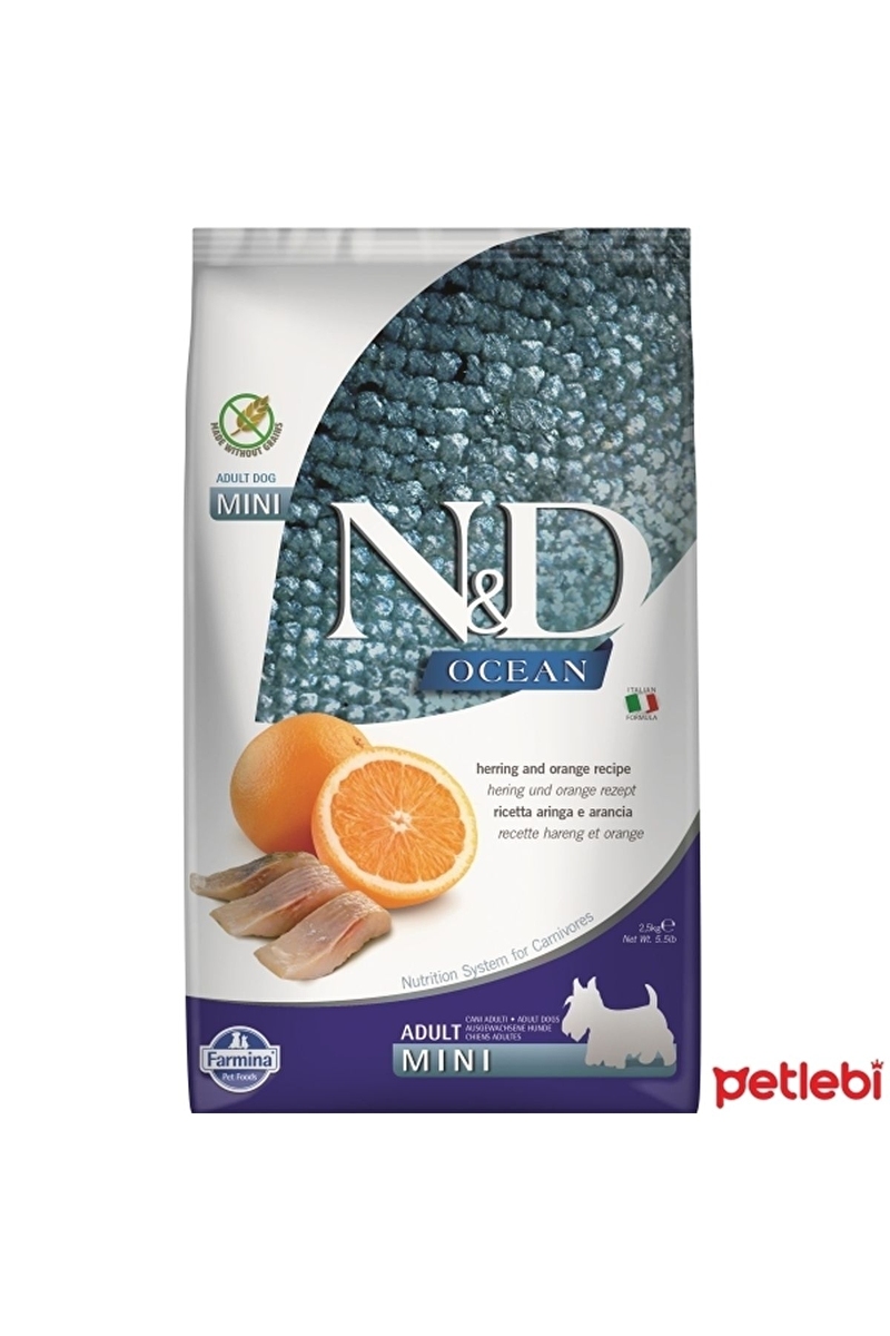 N&D Ocean Ringa Balıklı ve Portakallı Tahılsız Küçük Irk Yetişkin Köpek Maması 2,5kg