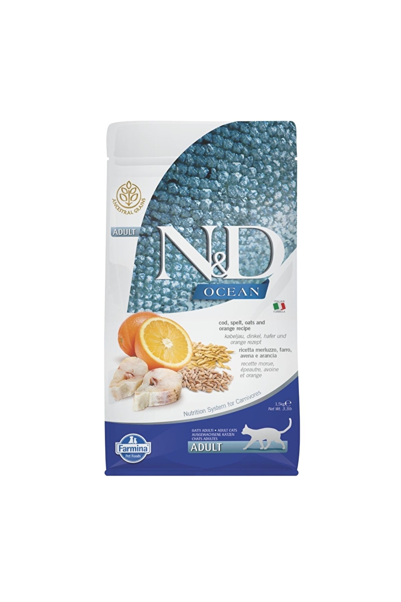 N&D Ocean Morina Balıklı ve Portakallı Ata Tahıllı Yetişkin Kedi Maması 1,5kg