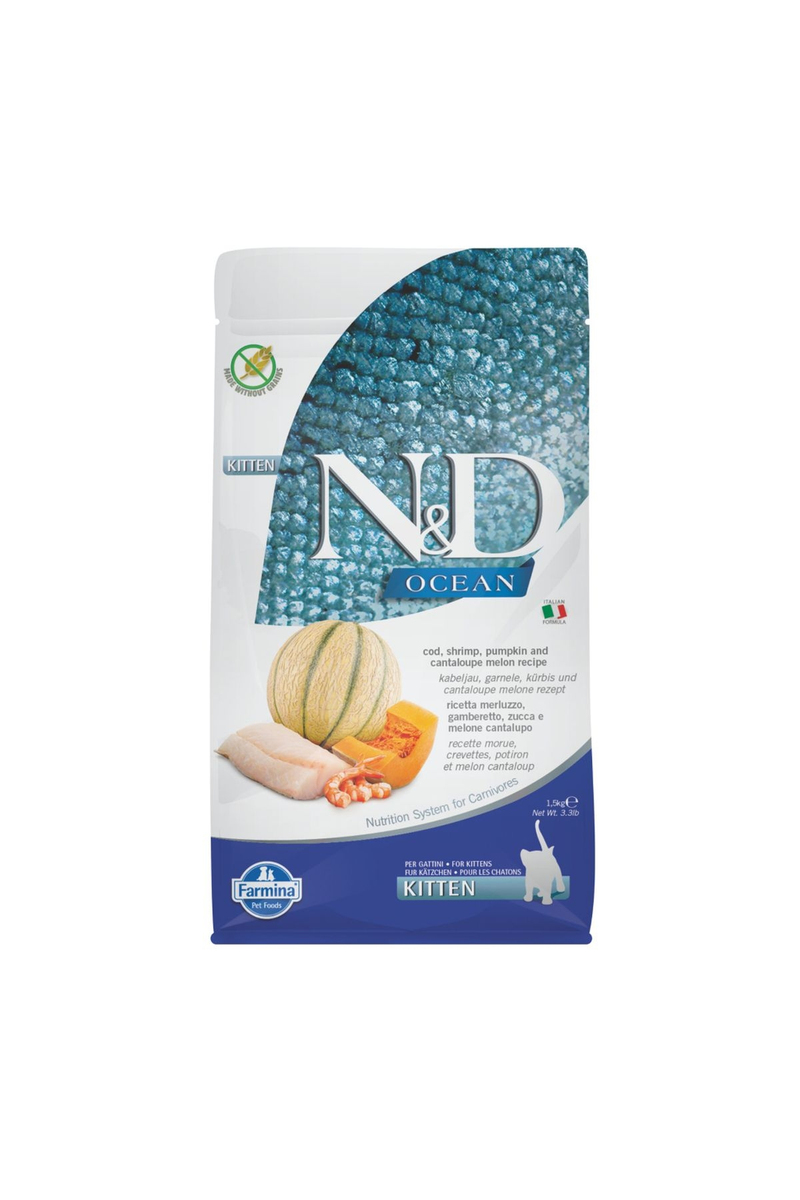 N&D Ocean Morina Balıklı Bal Kabaklı Karidesli ve Kavunlu Tahılsız Yavru Kedi Maması 1,5 kg