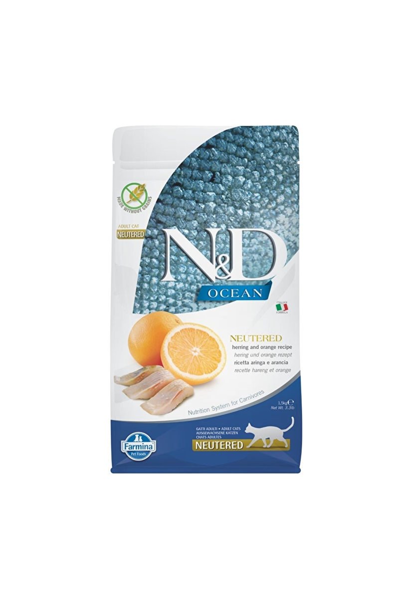 N&D Ocean Ringa Balıklı ve Portakallı Tahılsız Kısırlaştırılmış Kedi Maması 1,5kg