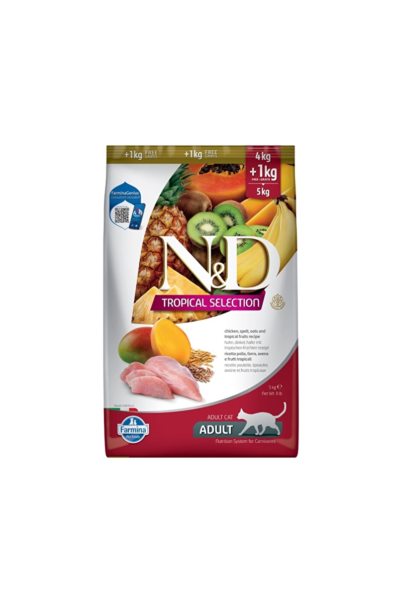 N&D Tropical Selection Tavuklu ve Tropikal Meyveli Yetişkin Kedi Maması 4kg + 1kg