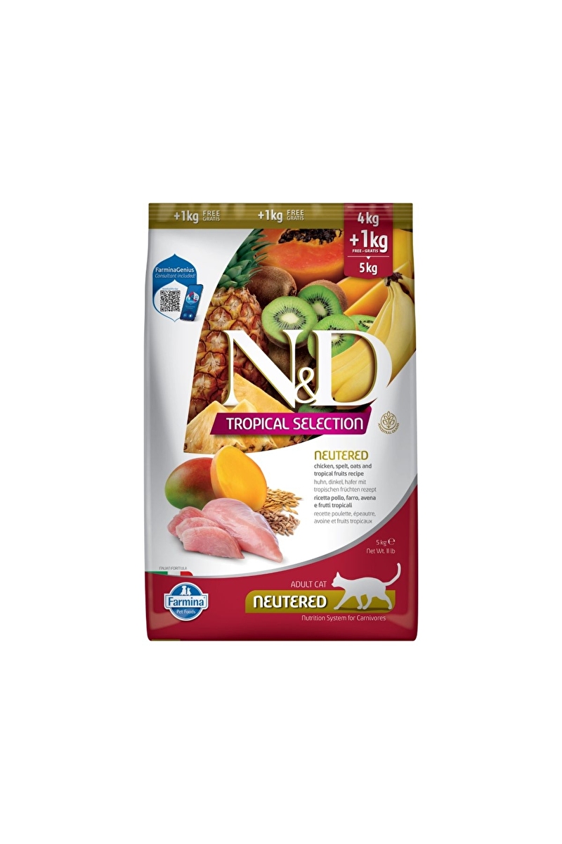 N&D Tropical Selection Tavuklu ve Tropikal Meyveli Kısırlaştırılmış Kedi Maması 4kg + 1kg