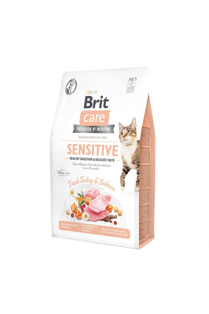 Brit Care Yetişkin Hassas Kediler İçin, Tahılsız, Hipoalerjenik, Taze Hindi Etli Ve Somonlu Kuru Mama 2 kg