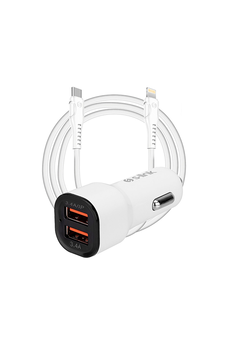 S-link SL-EC35PD 36W PD 3.0 Lightning PD Kablo 3.4A Hızlı Şarj PD 18W + USB QC3.0 Beyaz Araç Şarj Cihazı