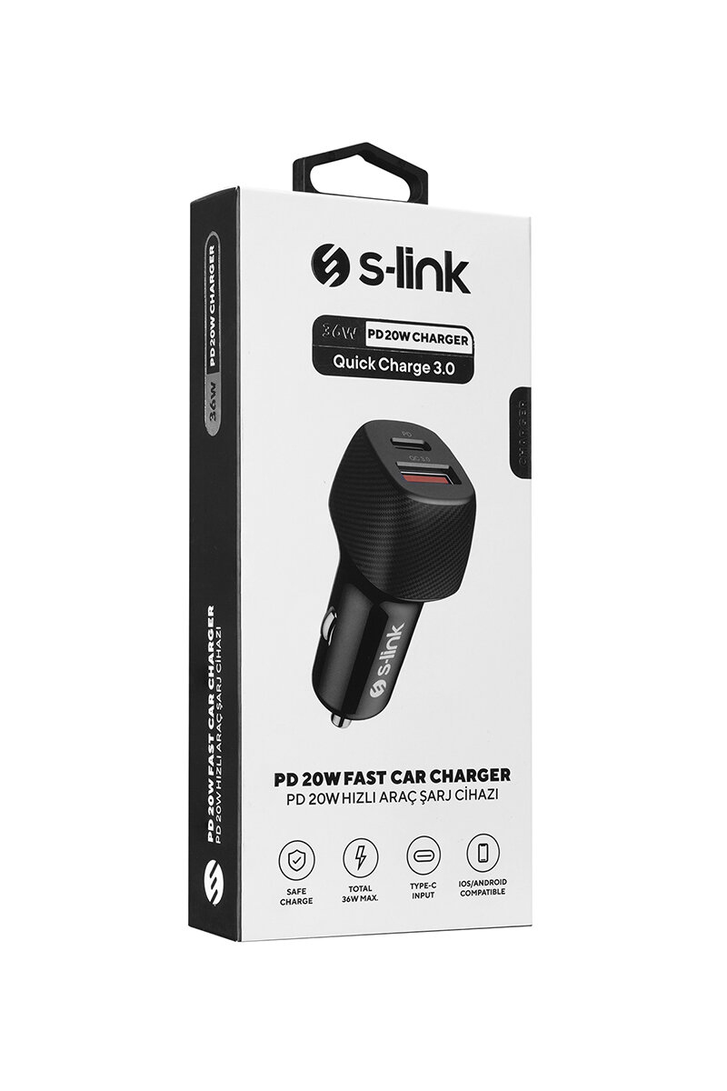 S-link SL-AC51PD 36W PD 3.0 Lightining 3.4A Hızlı Şarj PD 18 W+USB QC 3.0 Siyah Araç Şarj Cihazı