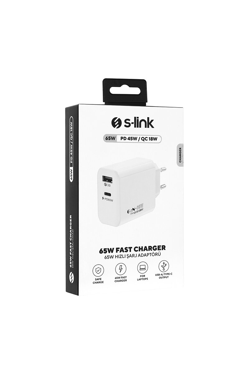 S-link SL-EC69 GAN PD 65W / QC 18W Type USB-C +USB A Hızlı Beyaz EV/NOTEBOOK Şarj Adaptör