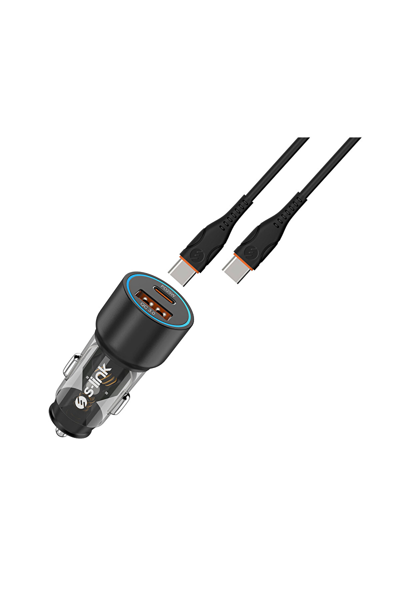 S-link SL-AC43TP TypeC to TypeC Kablolu 43W PD 25W + QC3.0 18W Siyah Araç Şarj Cihazı