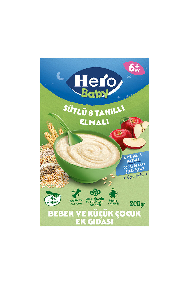 Hero Baby Sütlü Elmalı 8 Tahıllı Kaşık Maması 200 g Mama