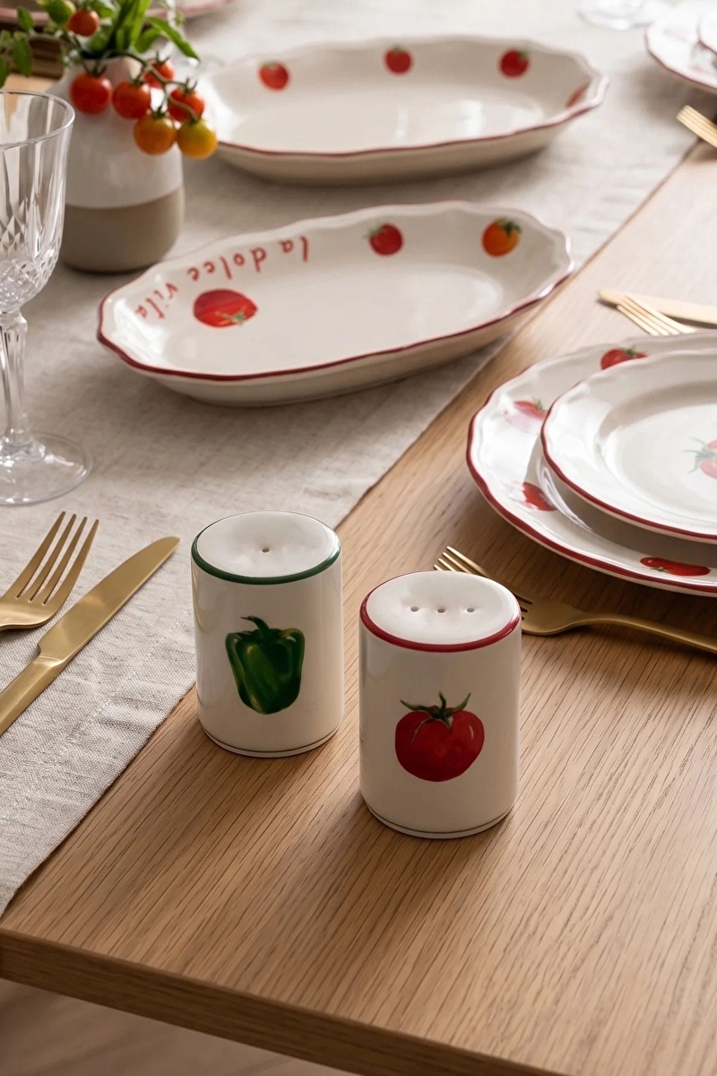 Rakle x Bengi Kurtcebe Pomodoro Stoneware 2'li Tuzluk-Biberlik Seti 6 cm