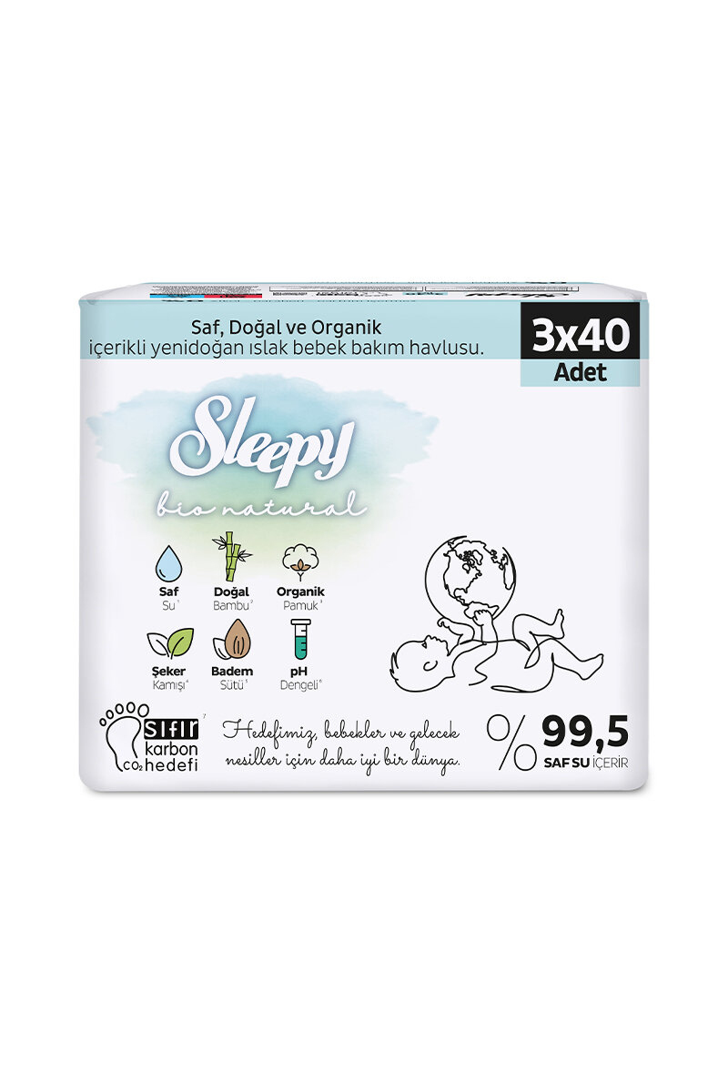 Sleepy Bio Natural Yenidoğan Islak Bebek Bakım Havlusu 3x40'lı