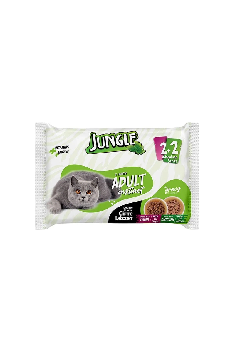 Jungle 4x100 g Çift Lezzet Pouch Yetişkin Kedi Kuzulu - Tavuklu