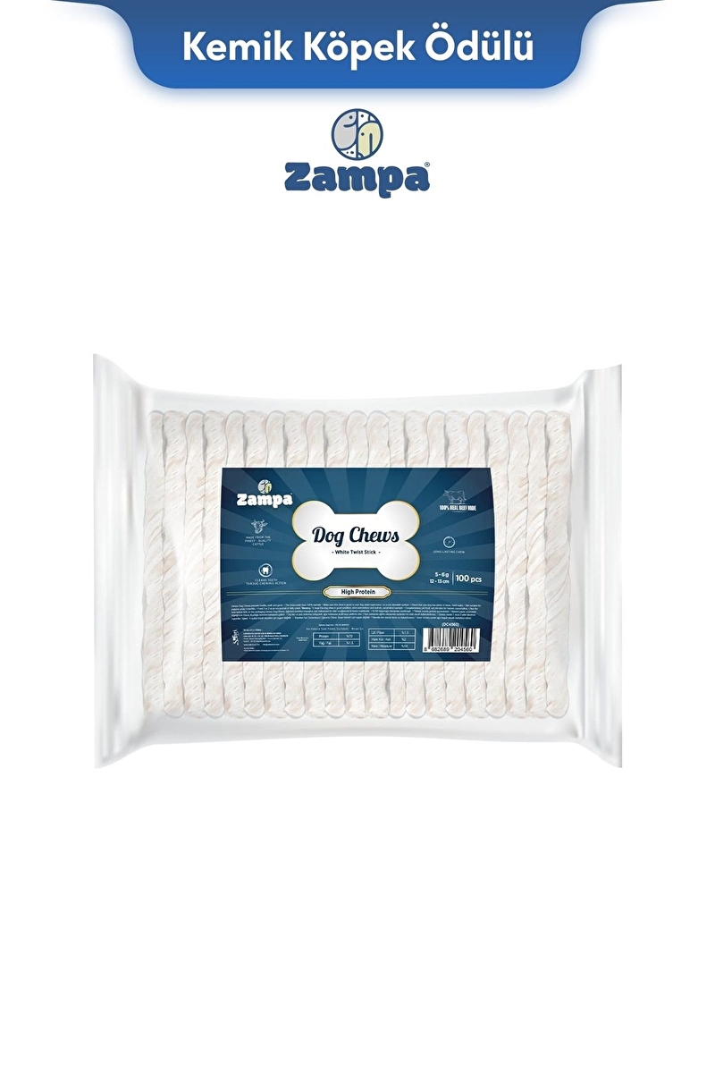 Zampa Beyaz Burgu Çubuk (Sticks) Kemik Köpek Ödülü 100 lü 5g